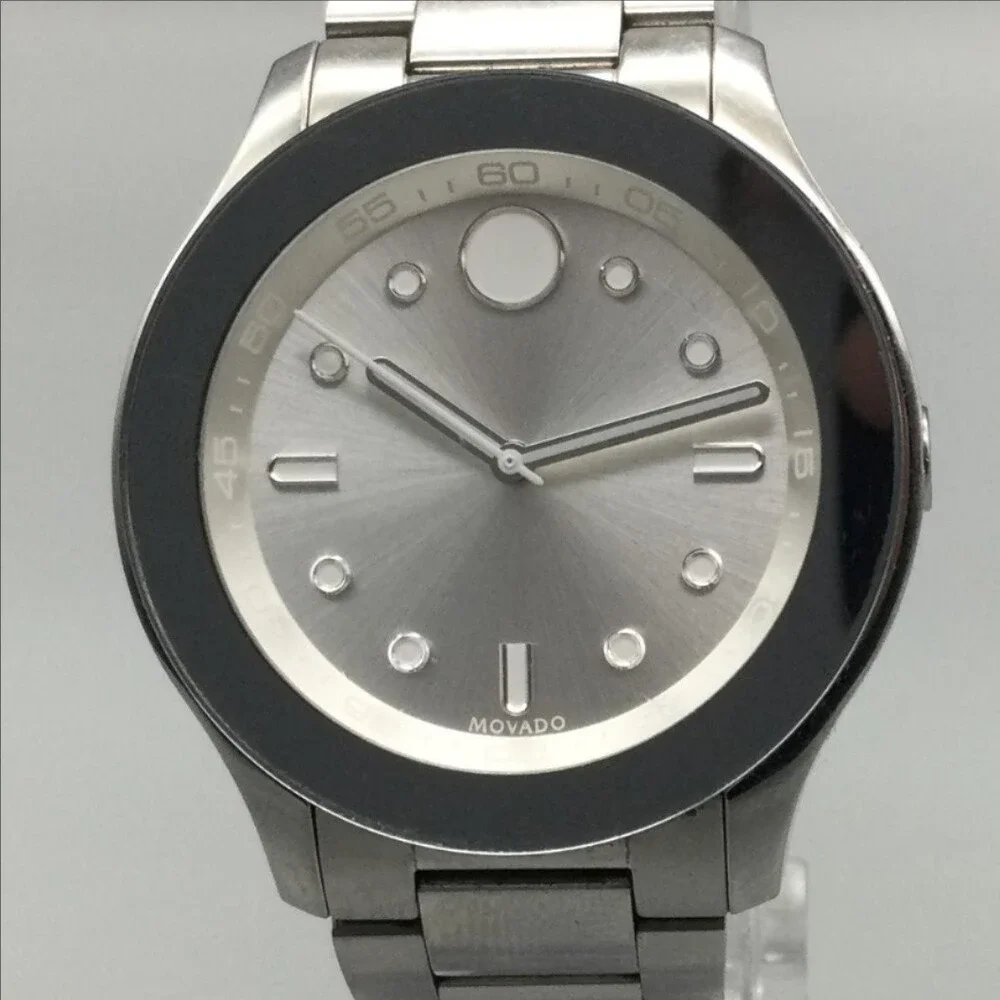 Movado Bold Womens Watch 36mm Silver Tone Black Bezel New Battery 7.25